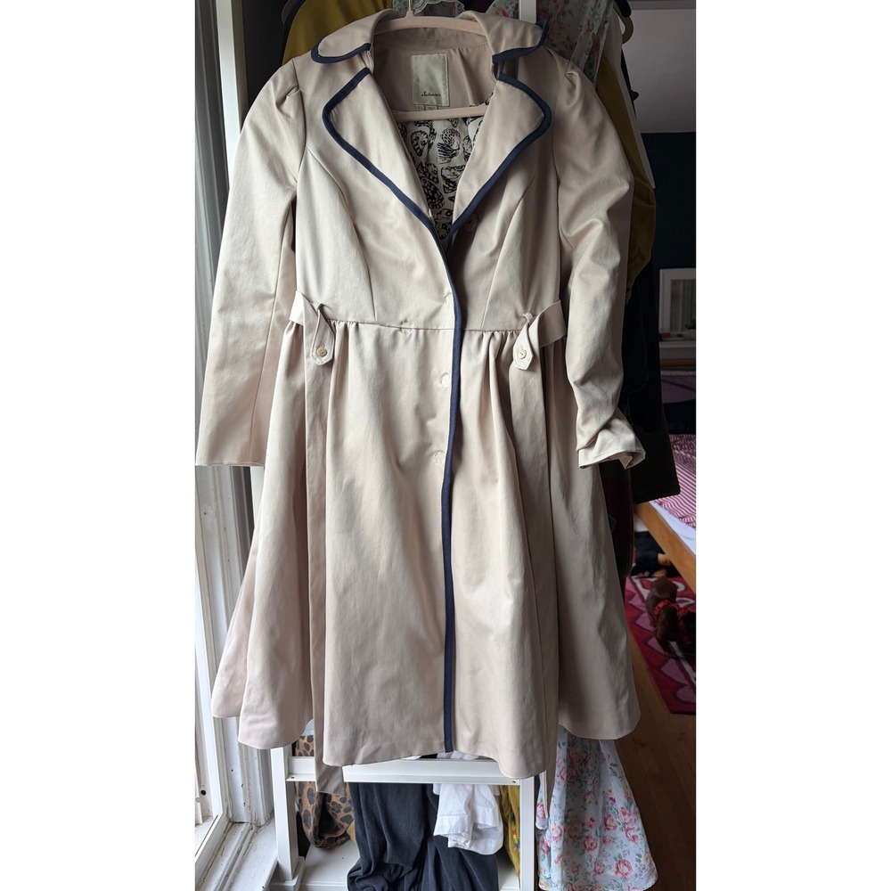 Elevenses Trench Coat Womens 0 Tan Navy Trim Anthropologie Fit Flare Shells
